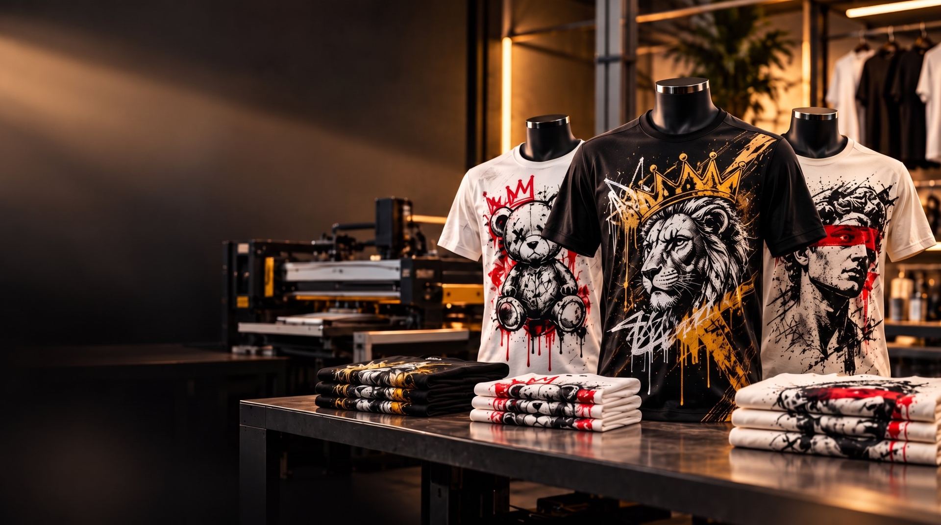Camisetas estampadas com artes personalizadas em preto, branco e dourado sobre a mesa da oficina