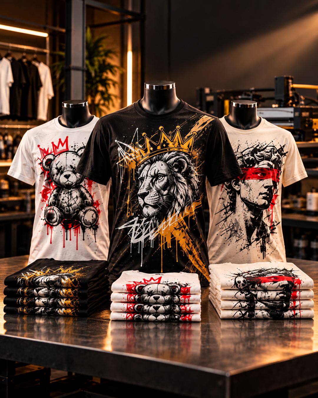 Camisetas estampadas com artes personalizadas em preto, branco e dourado